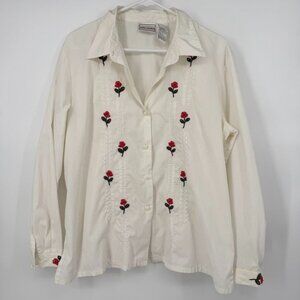 Napa Valley Womens White Button Up Shirt Floral Top Long Sleeve Flowers Sz XL